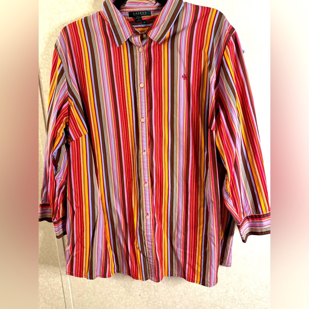 Lauren Ralph Lauren Multi Colored Striped Long Sleeve Button Down 3X Coastal